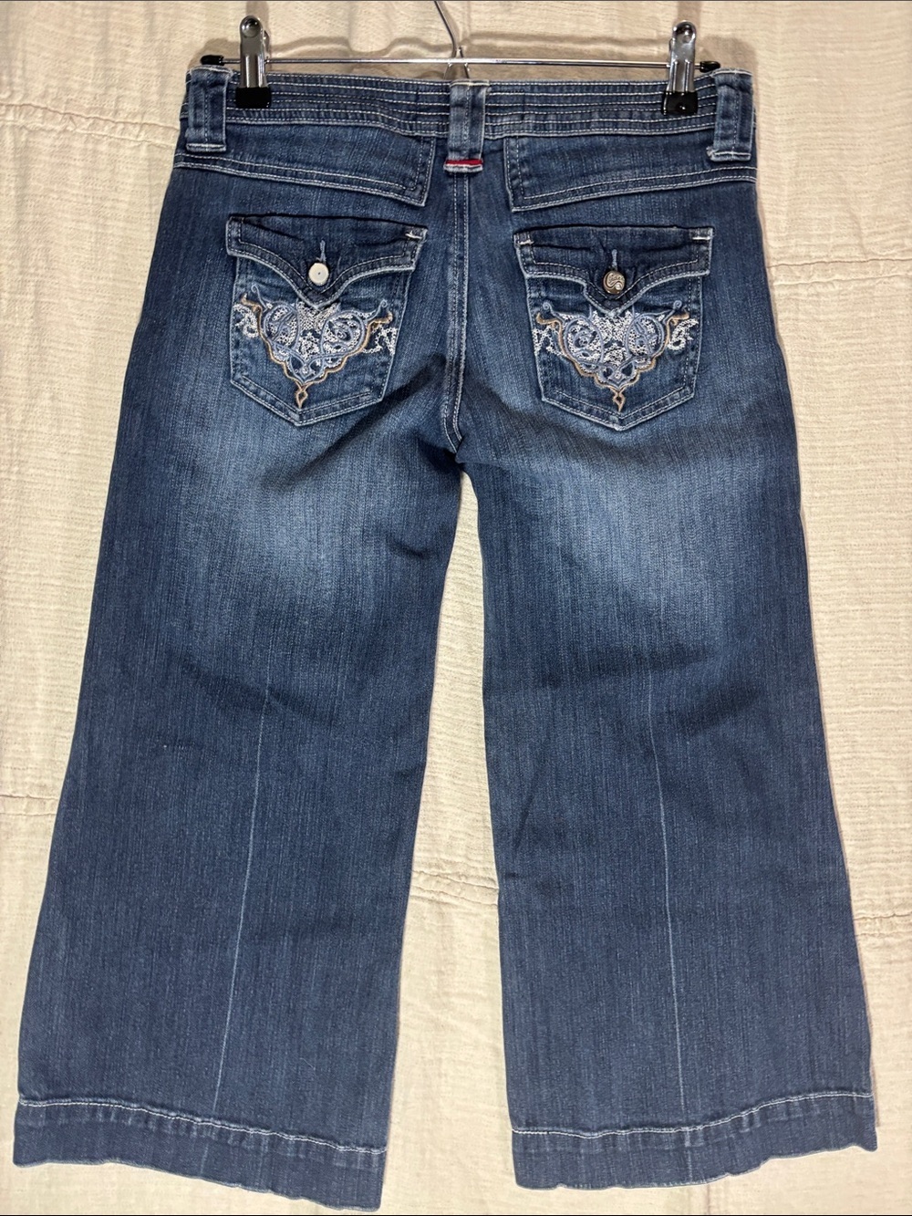 Vtg Candie's Y2K Wide-Leg Denim Capri Jeans 1 Multi Stitch Patch Pocket Coulotte - Picture 10 of 12